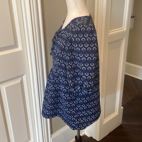 Loft Floral Puff Sleeve Tie Neck Top Nvy/White M - Picture 4 of 8